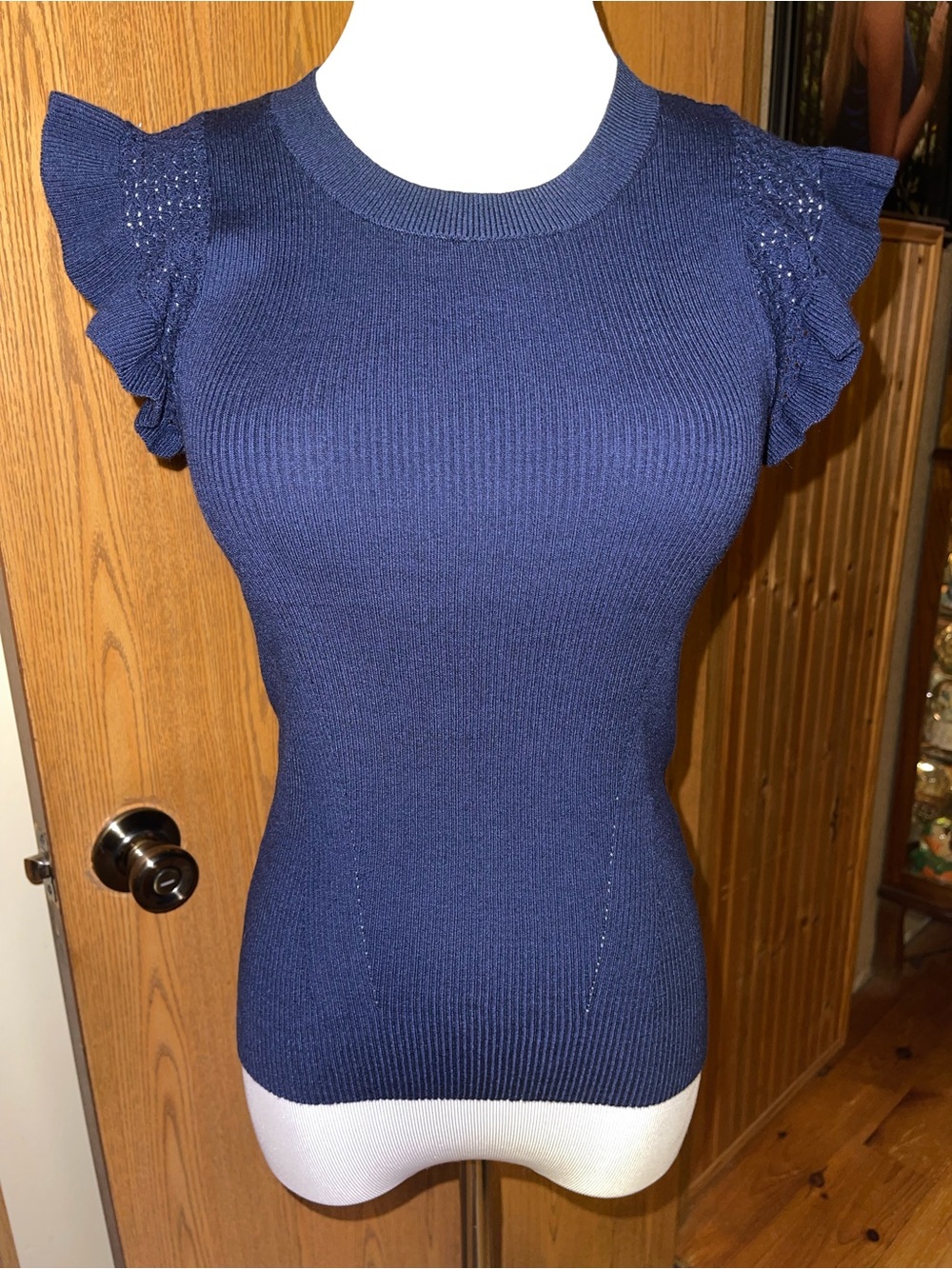 Muse Navy Blue Ruffled Sleeve Knit Top